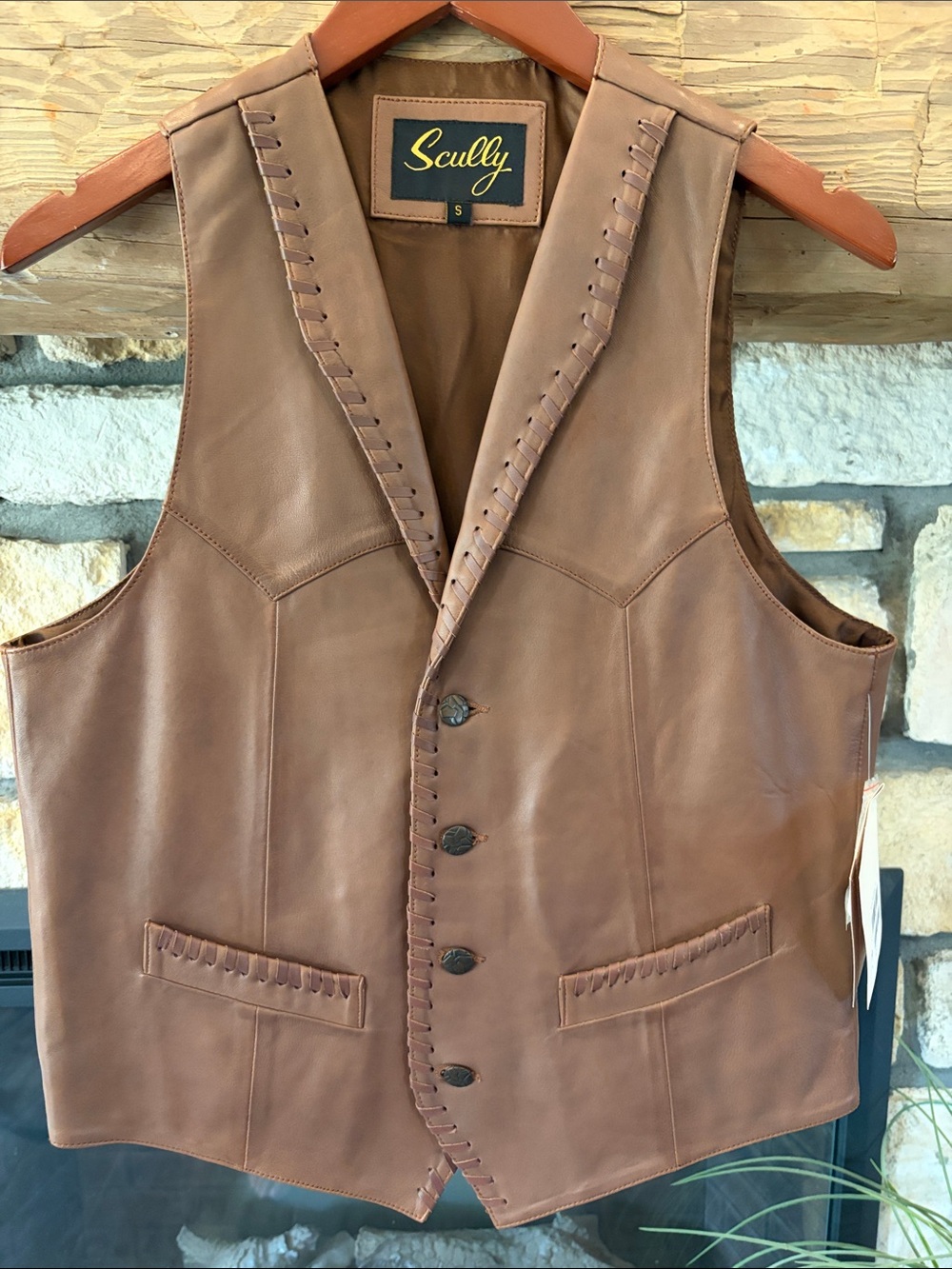 Scully Brown Leather Button-Front Vest with buckstitch Trim - Small